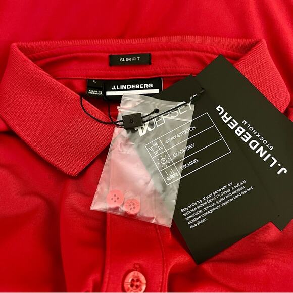 J. LINDEBERG Tour Tech Slim Fit Polo Chili Pepper Red Logo Stretch Sz Large NEW - Picture 7 of 12